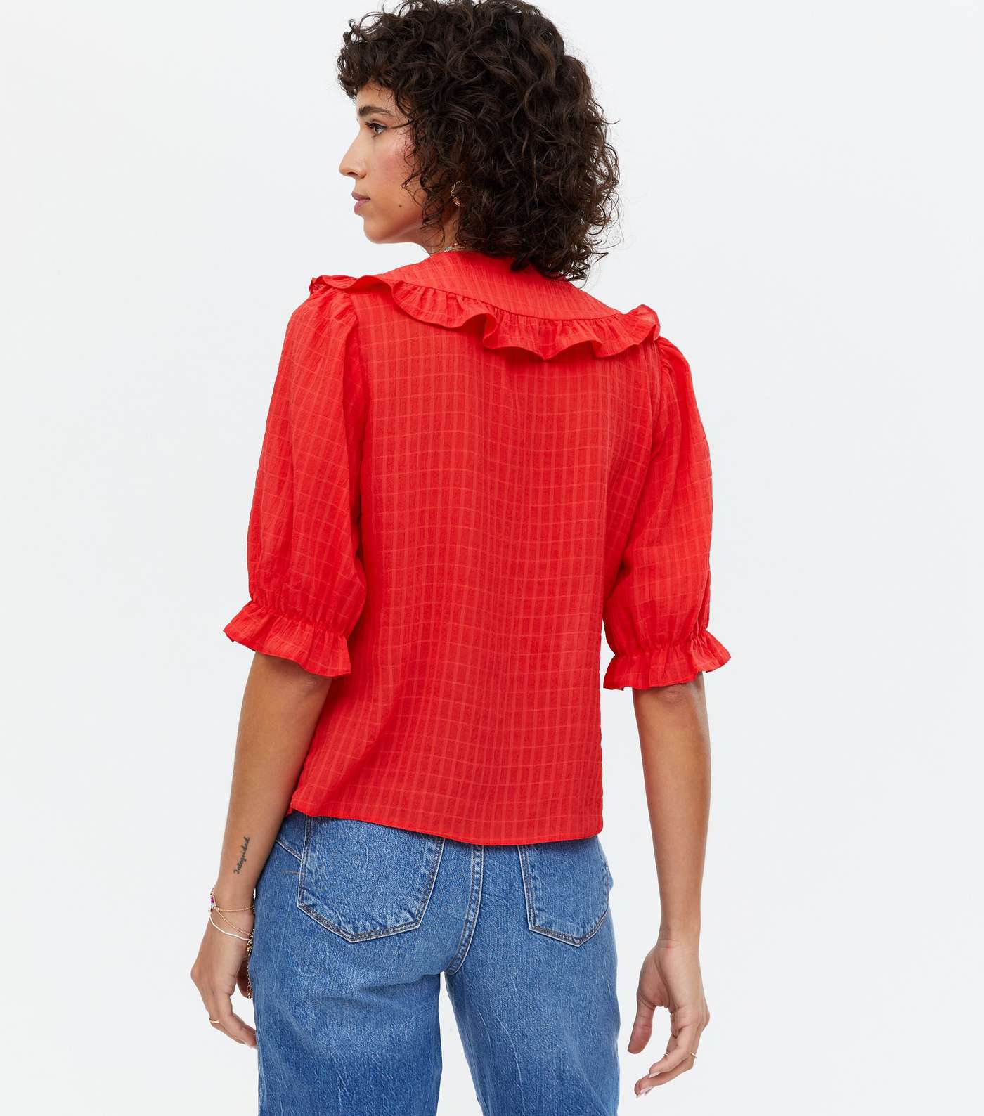 Red Ruffle Collar Button Blouse  Image 4
