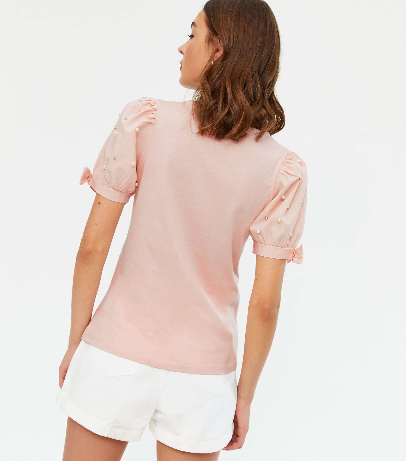 Pink Poplin Faux Pearl Puff Sleeve T-Shirt  Image 4