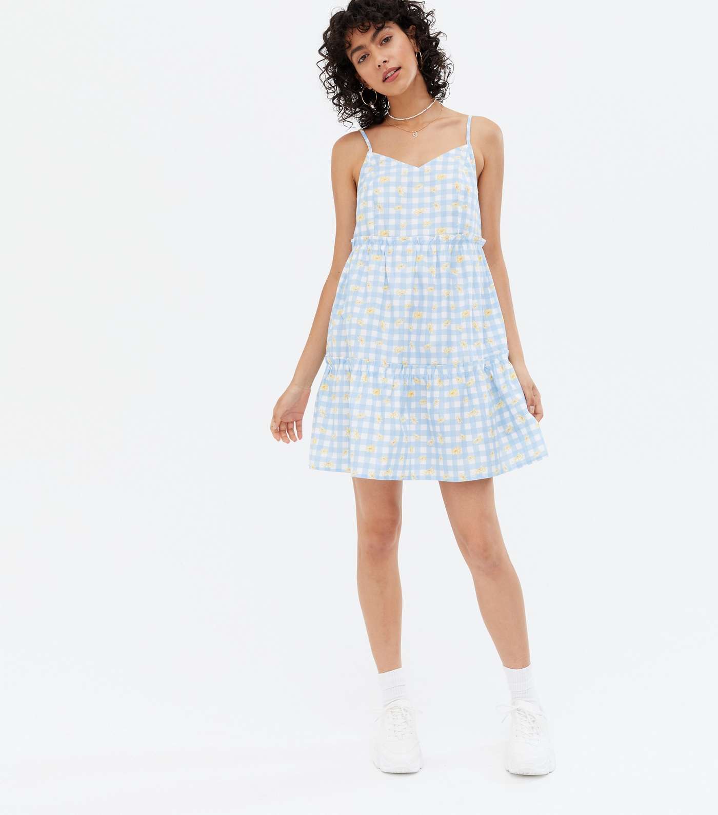 Pale Blue Check Floral Tiered Strappy Mini Dress Image 2