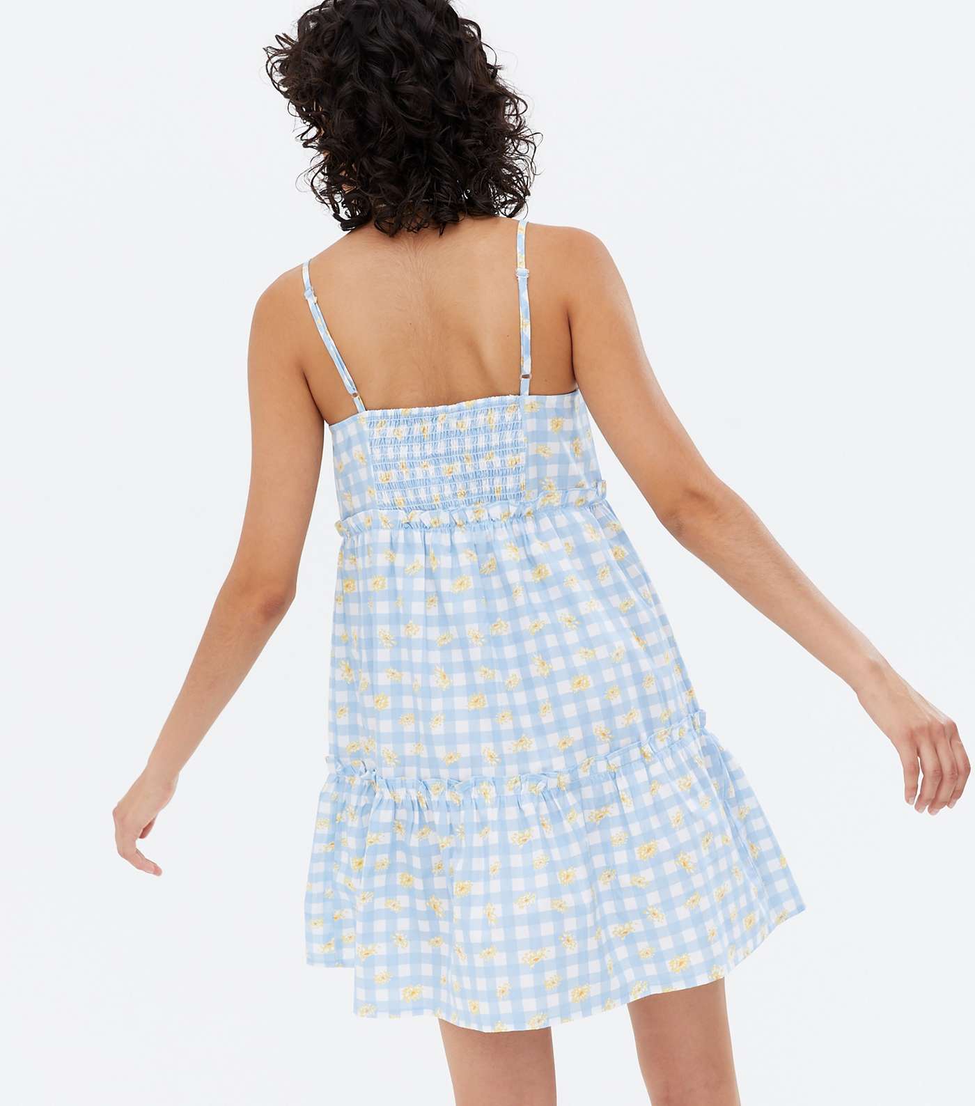 Pale Blue Check Floral Tiered Strappy Mini Dress Image 4