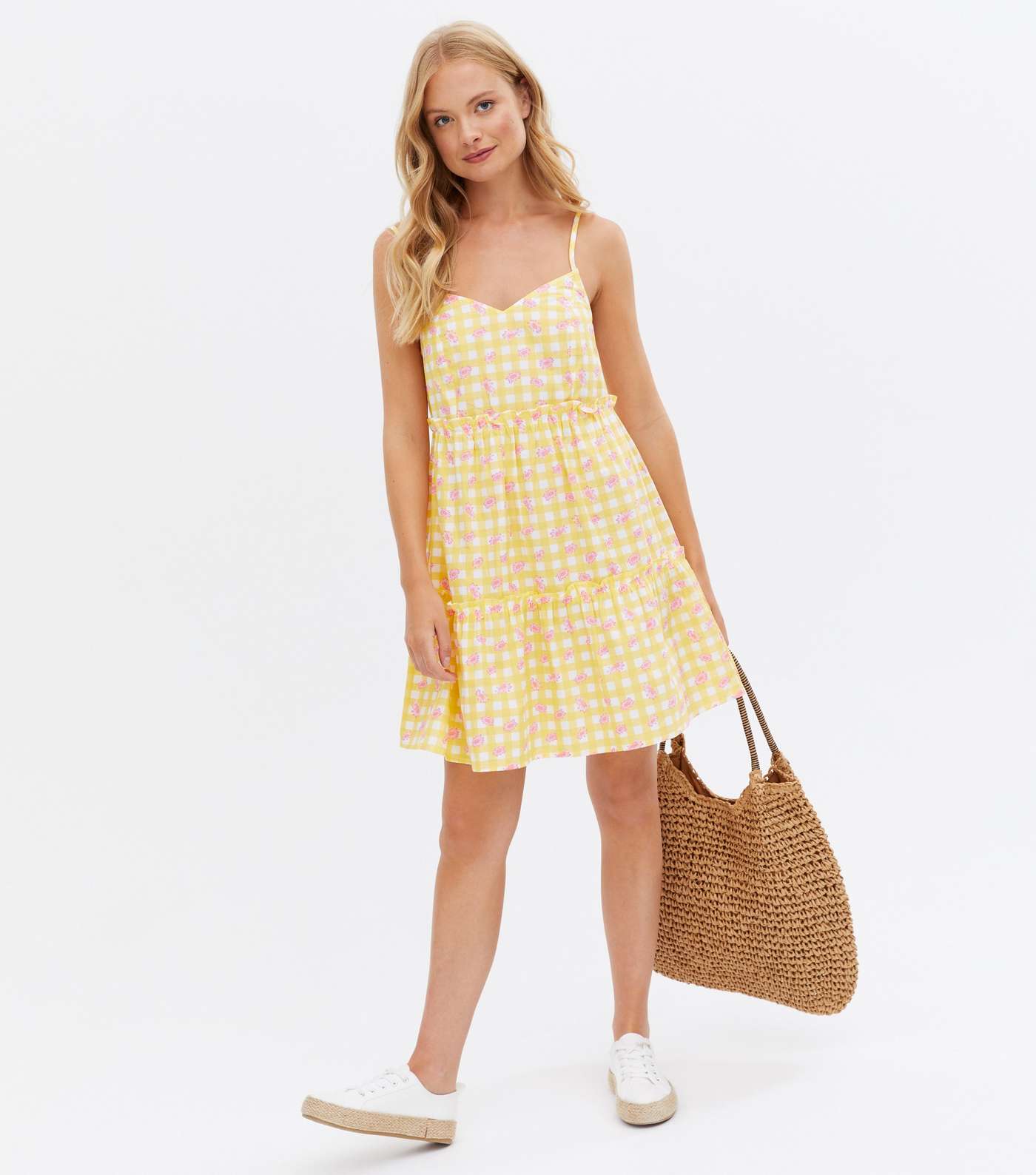 Yellow Check Floral Tiered Strappy Mini Dress Image 2
