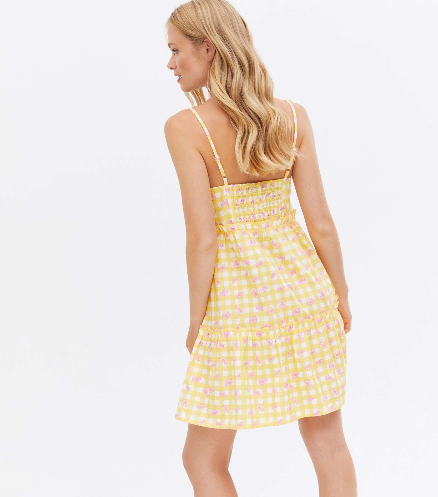 Yellow Check Floral Tiered Strappy Mini Dress Image 4