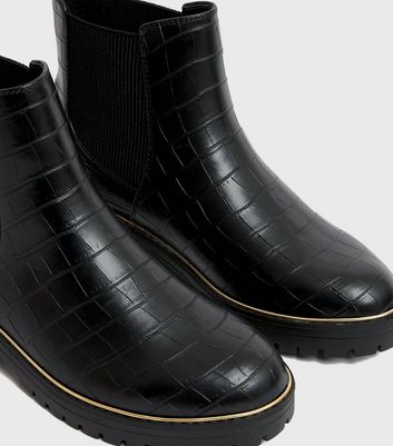 shop for Wide Fit Black Faux Croc Metal Trim Chunky Chelsea Boots New Look Vegan at Shopo