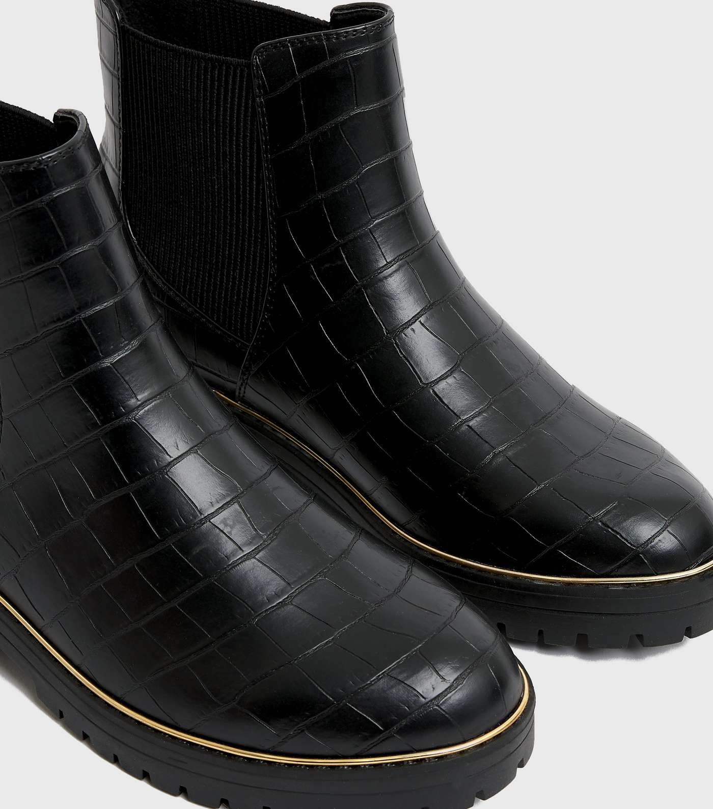 Wide Fit Black Faux Croc Metal Trim Chunky Chelsea Boots Image 3
