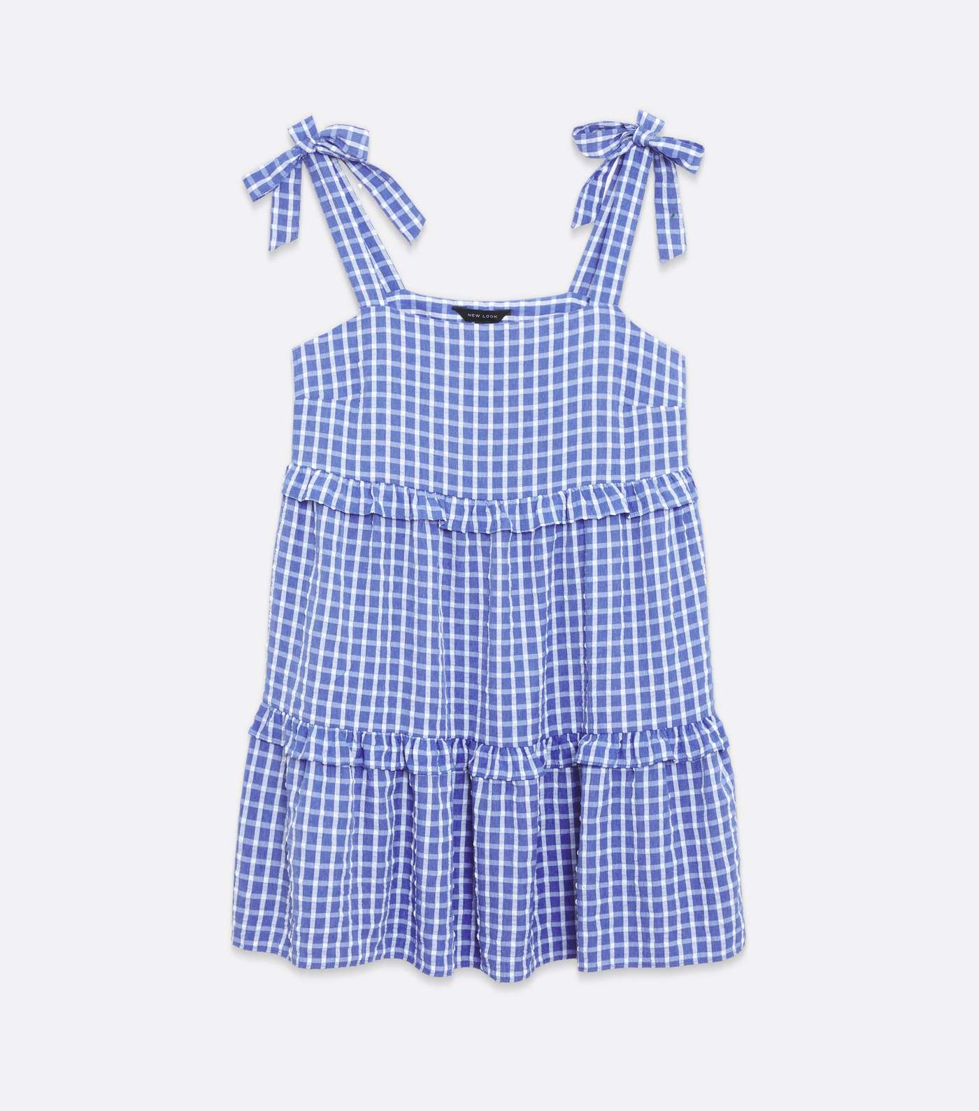 Blue Check Tie Strap Frill Tiered Mini Dress Image 5