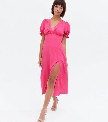 Open Tie Back Puff Sleeve Midi Dress 