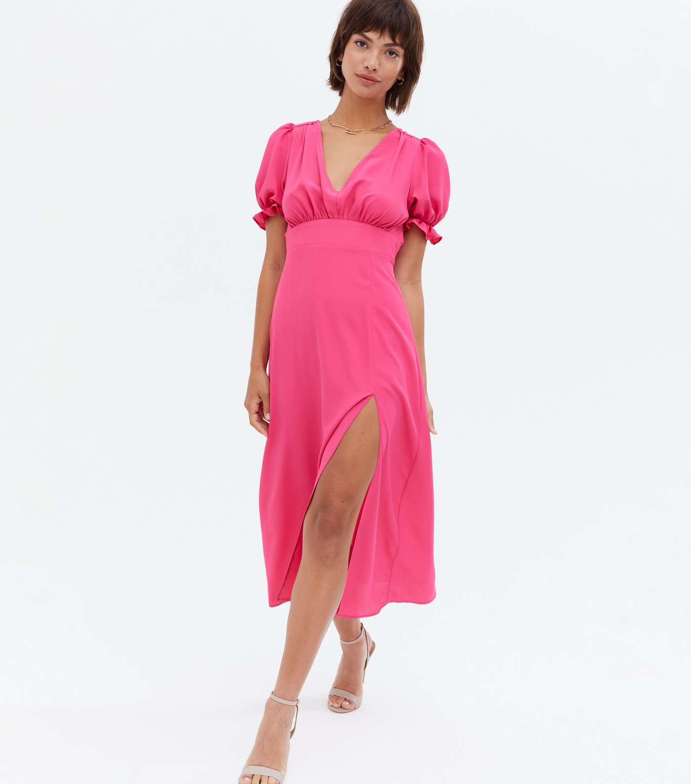 Bright Pink Open Tie Back Puff Sleeve Midi Dress Image 2