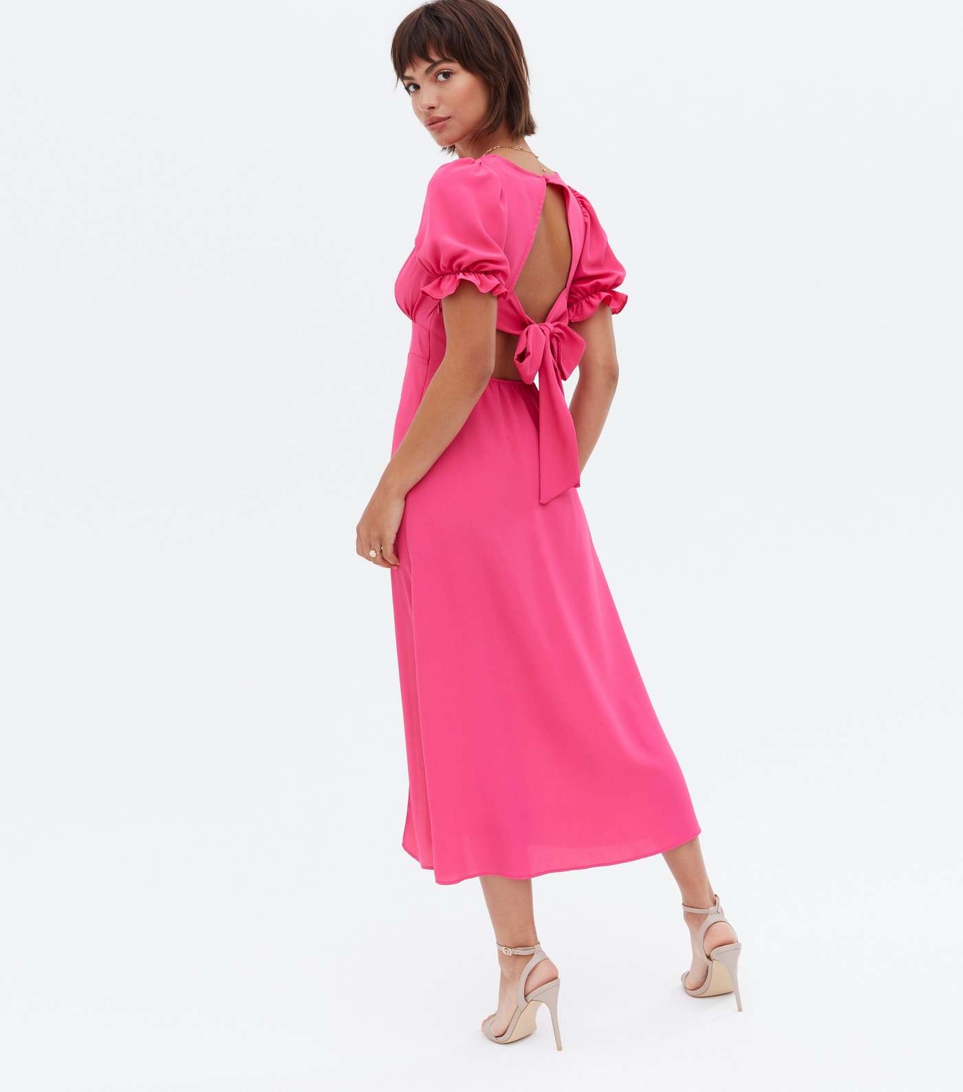 Bright Pink Open Tie Back Puff Sleeve Midi Dress Image 4