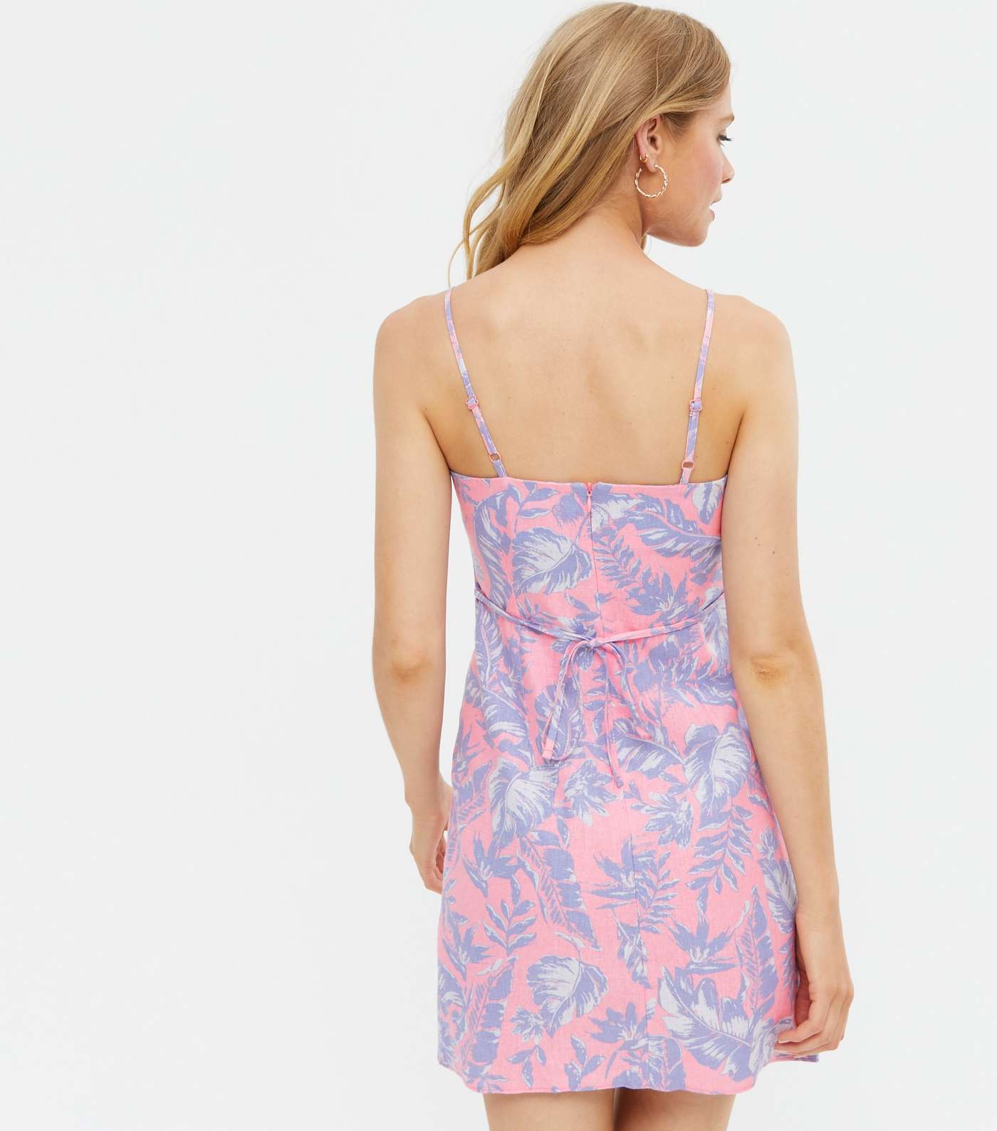 Pink Tropical Linen Blend Strappy Slip Dress Image 4