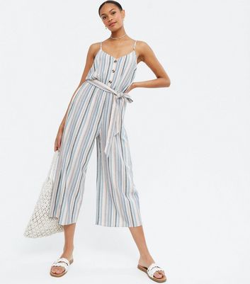 Blue Stripe Linen Look Tie Waist 