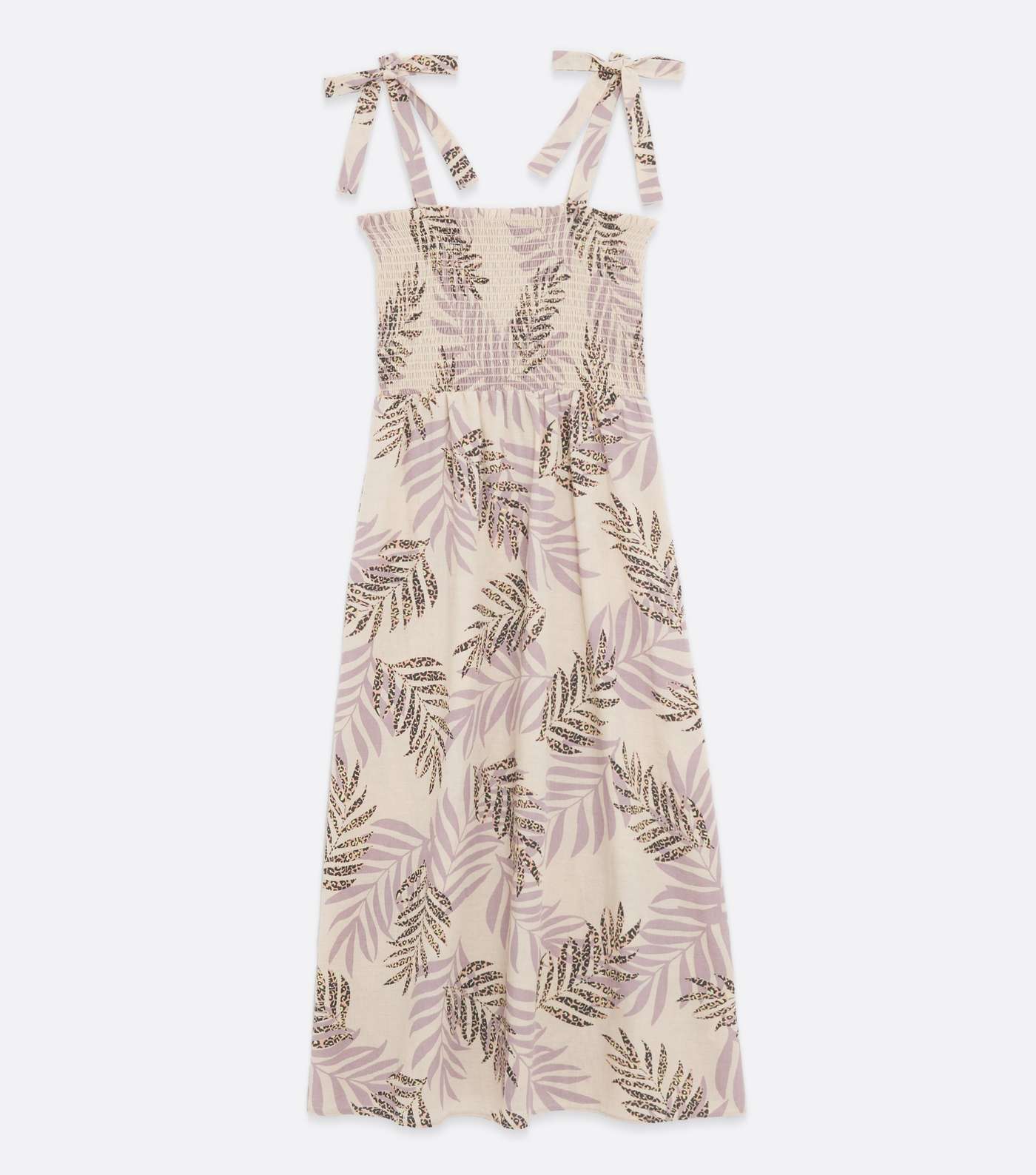 Brown Tropical Leopard Print Tie Strap Shirred Midi Dress Image 5