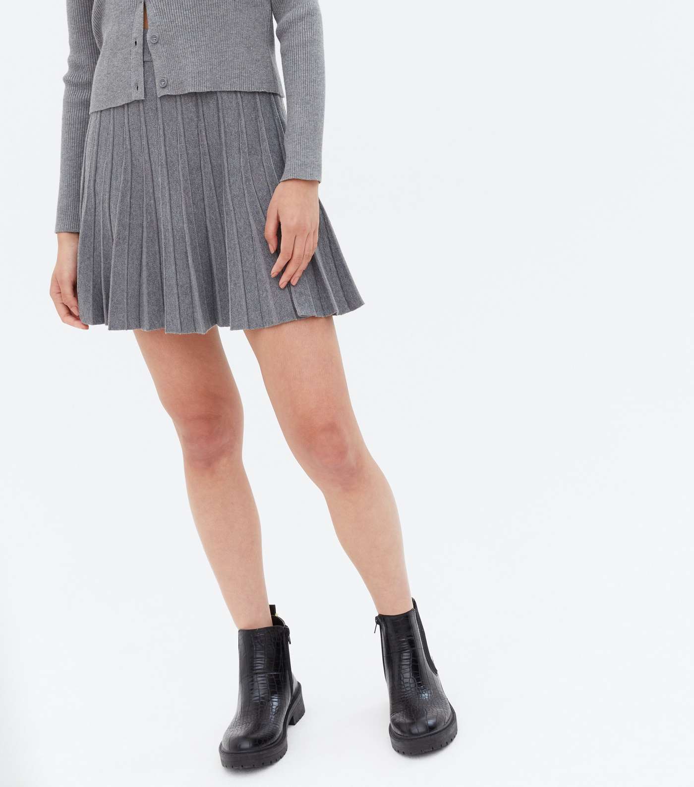Grey Knit Pleated Flippy Mini Skirt