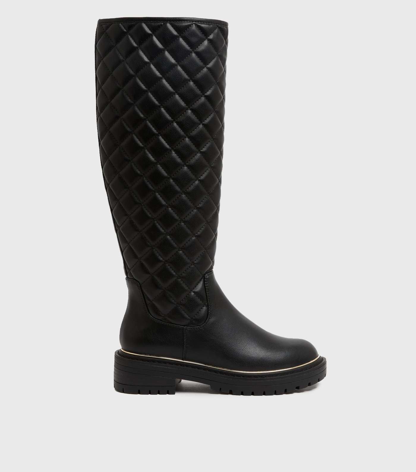 Black Quilted Metal Trim Knee High Boots