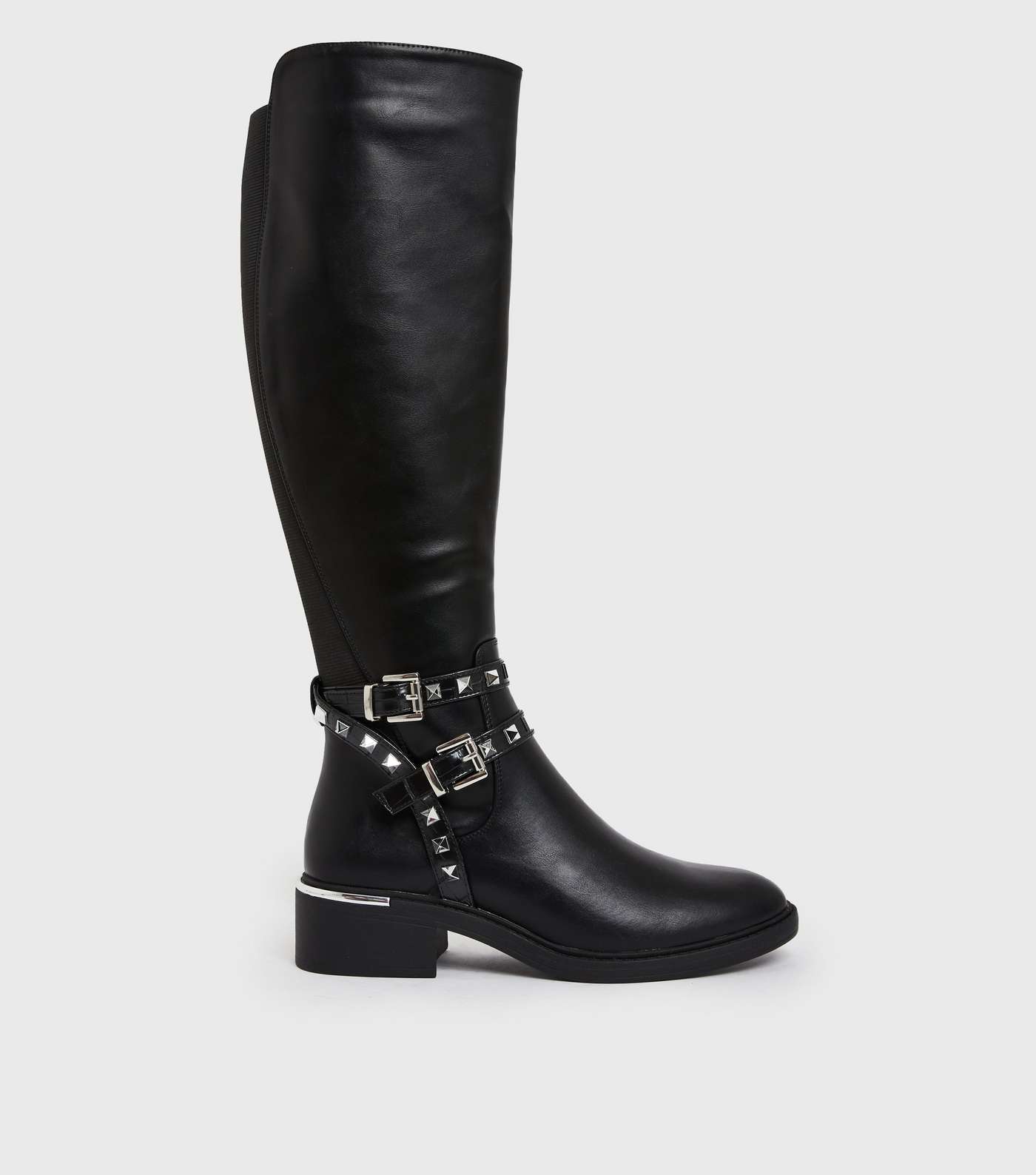 Black Studded Double Buckle Knee High Boots