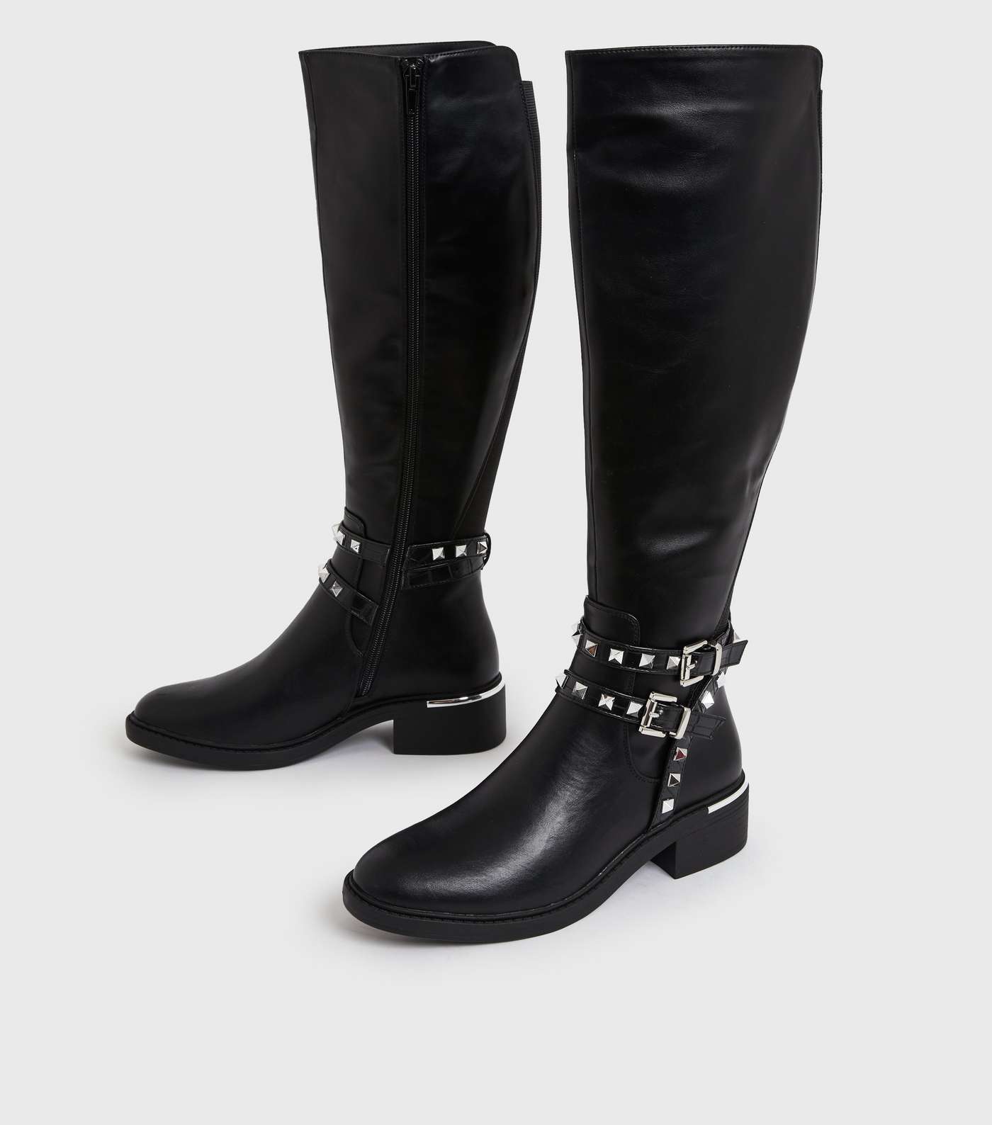 Black Studded Double Buckle Knee High Boots Image 3