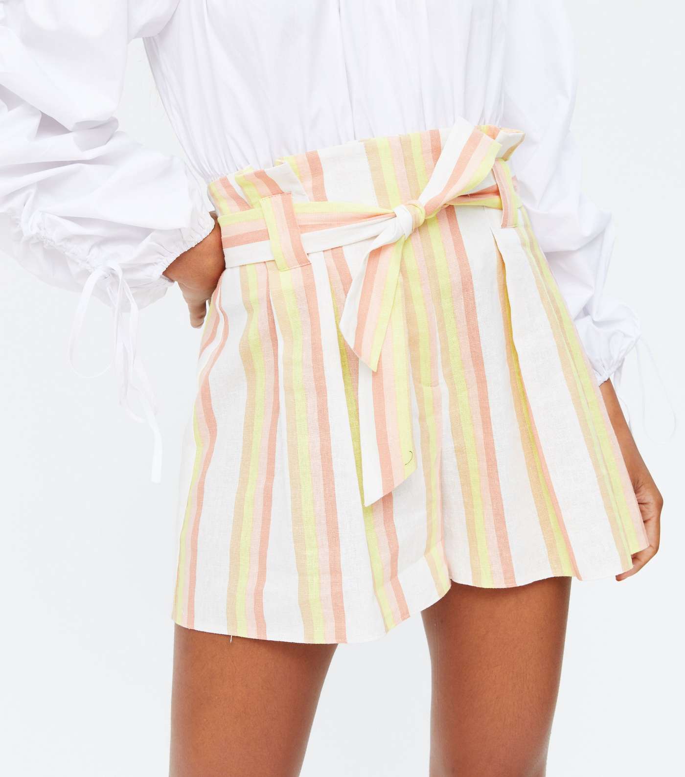 Pink Stripe Linen Blend High Waist Shorts Image 3