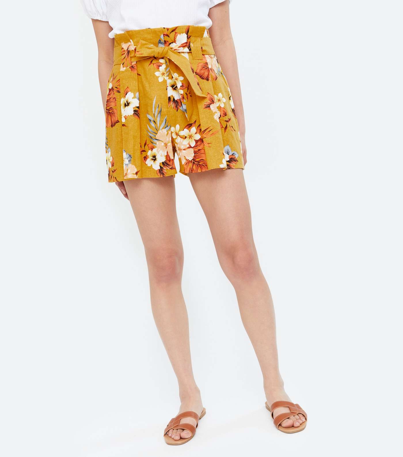 Mustard Tropical Linen Blend High Waist Shorts Image 2