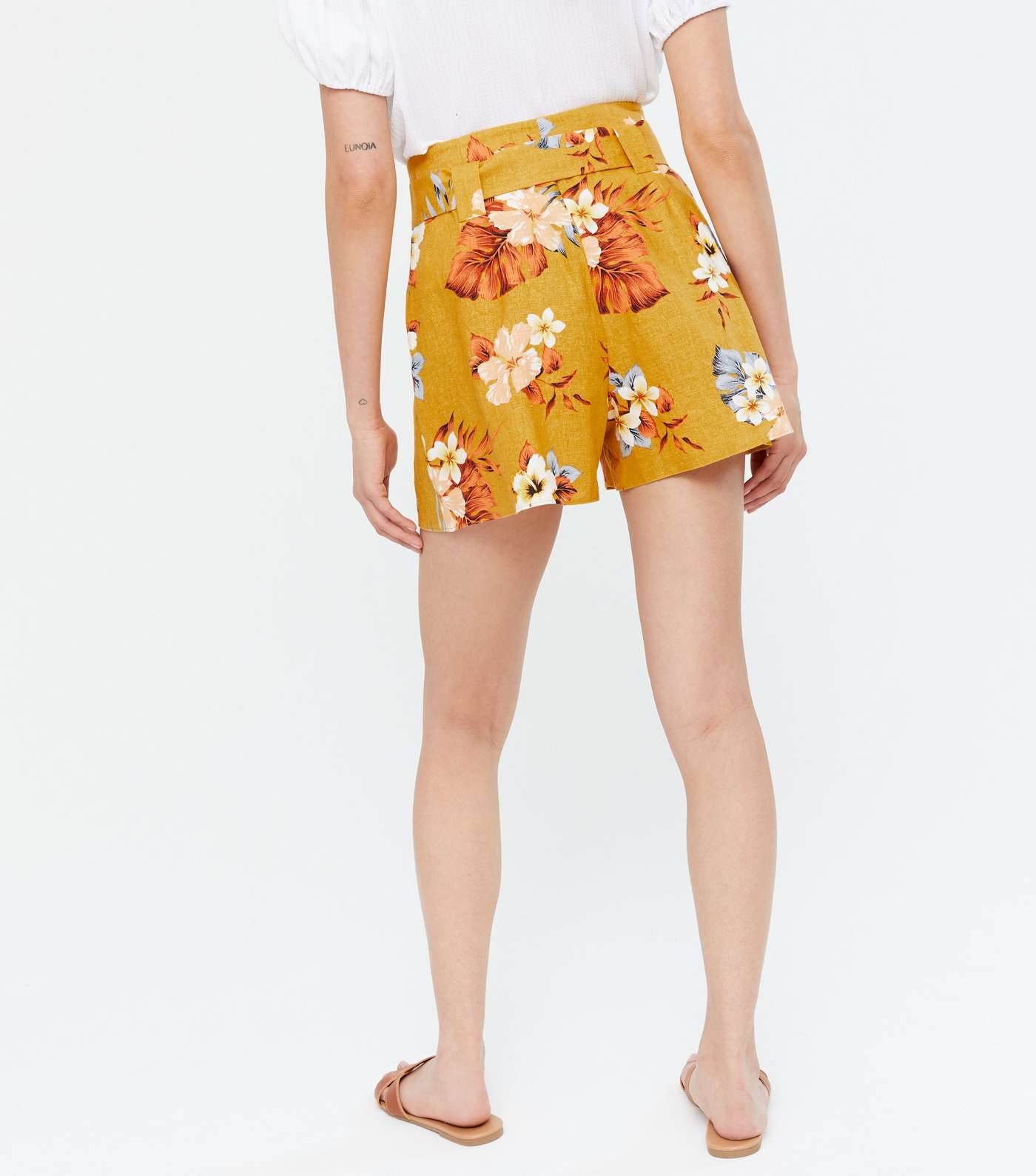 Mustard Tropical Linen Blend High Waist Shorts Image 4