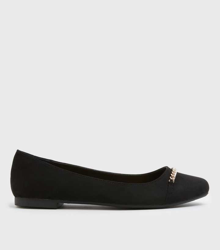 Wide Fit Black Suedette Chain Ballet Pumps | New Look