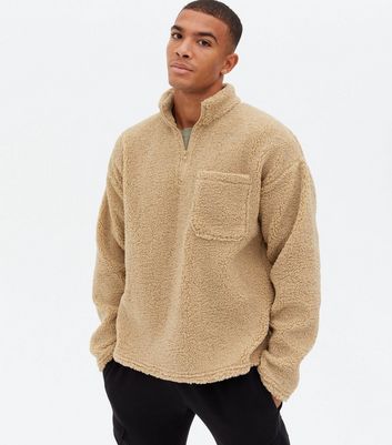 Camel Teddy Zip High Neck Sweatshirt New Look