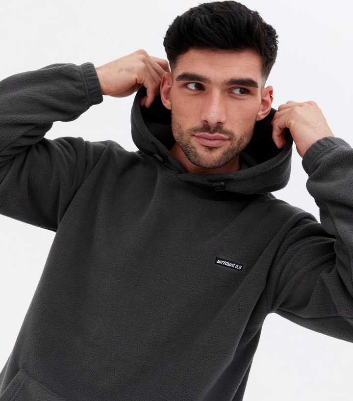 Dark Grey Fleece Worldwide Logo Drawstring Hoodie | New Look