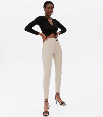Cream Leather-Look High Waist Zip 