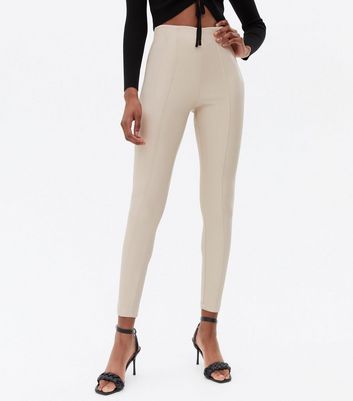 Cream Leather-Look High Waist Zip 
