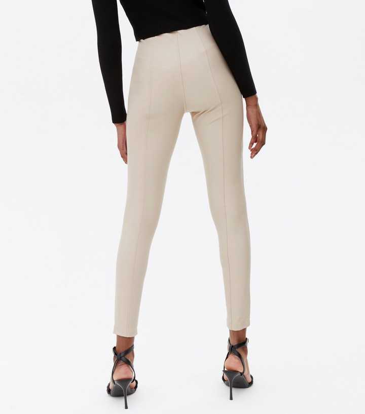 Cream Leather-Look High Waist Zip Leggings