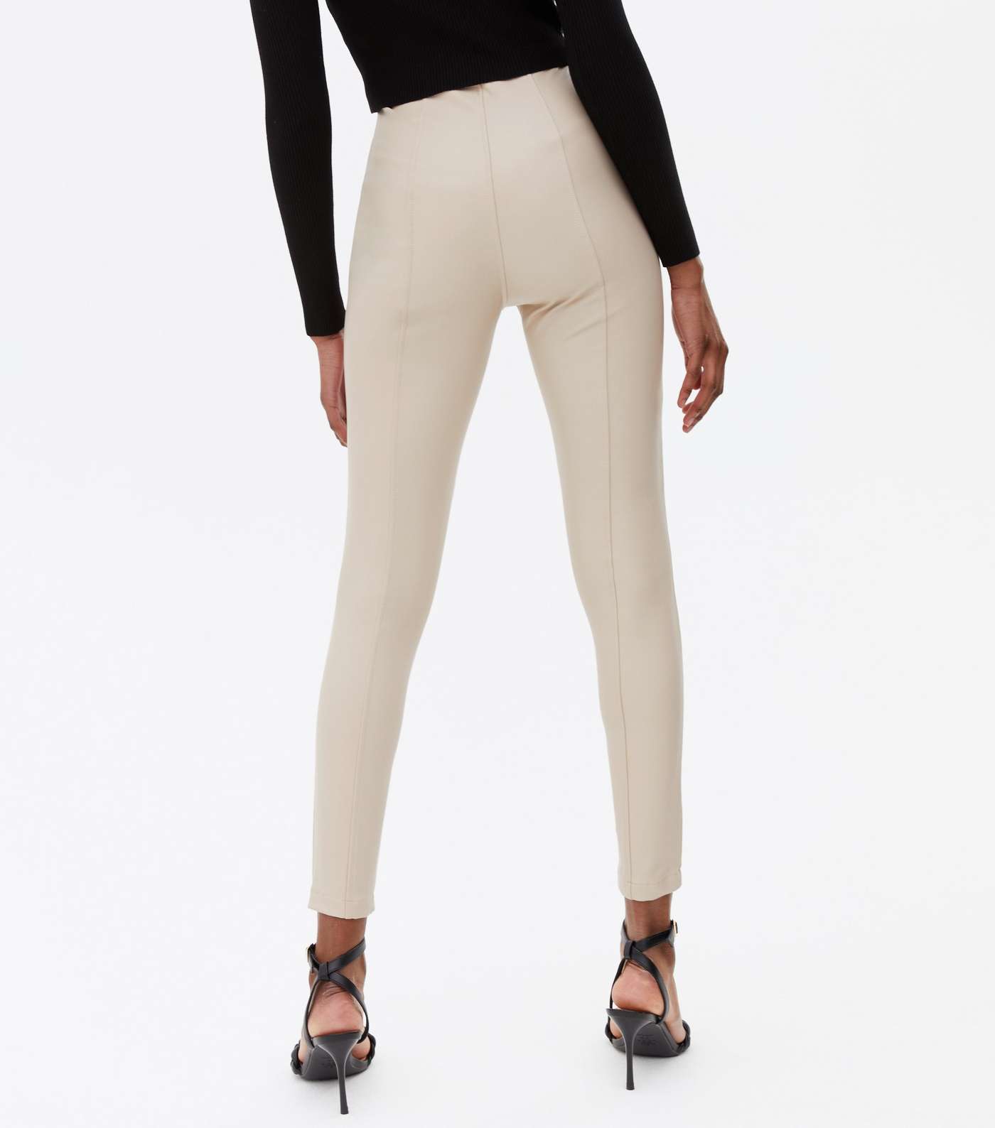 Cream Leather-Look High Waist Zip Leggings Image 4