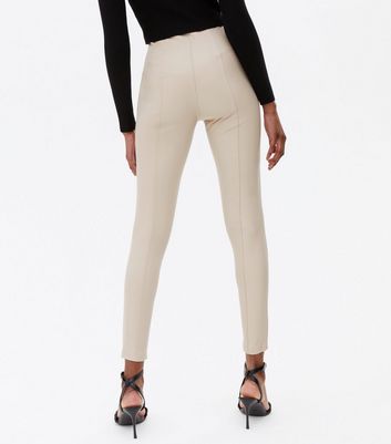 Cream Leather-Look High Waist Zip 