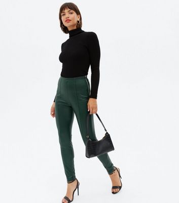 Dark Green Leather-Look High Waist Zip 