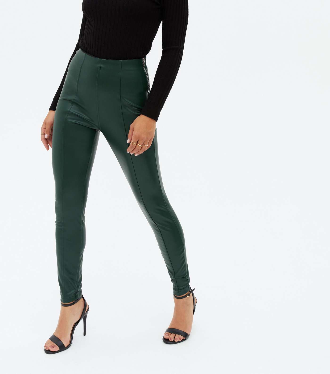 Dark Green Leather-Look High Waist Zip Leggings Image 2