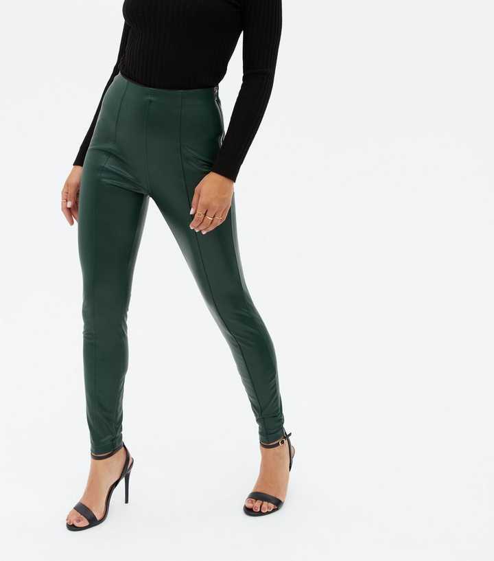 Dark Green Leather-Look High Waist Zip Leggings