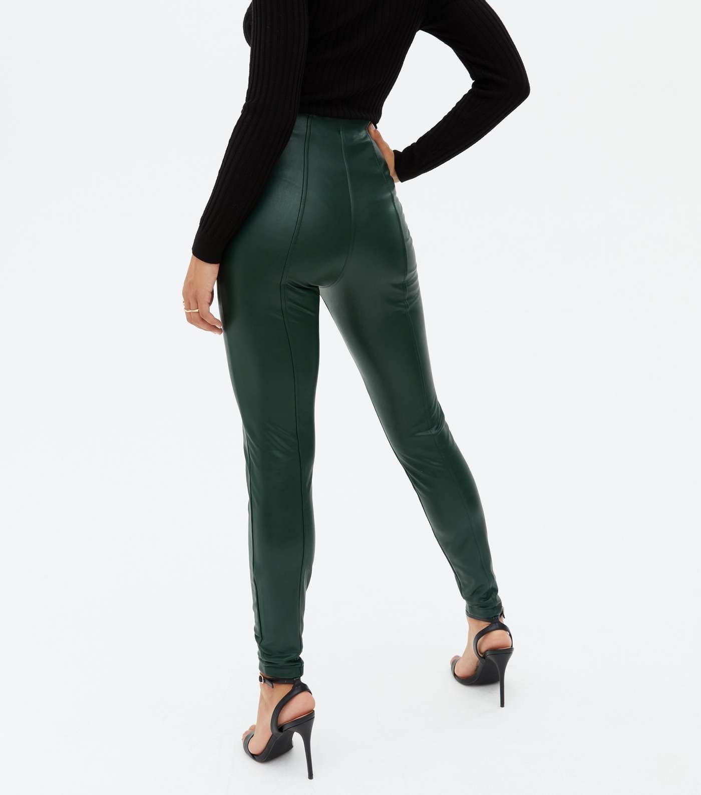 Dark Green Leather-Look High Waist Zip Leggings Image 4