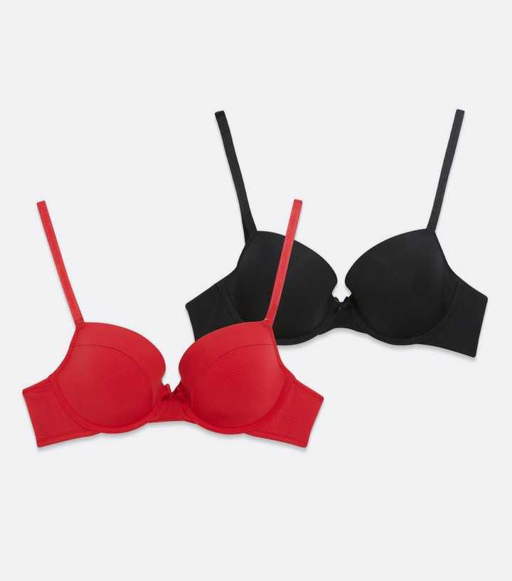 2 Pack Red and Black Bow Front T-Shirt Bras