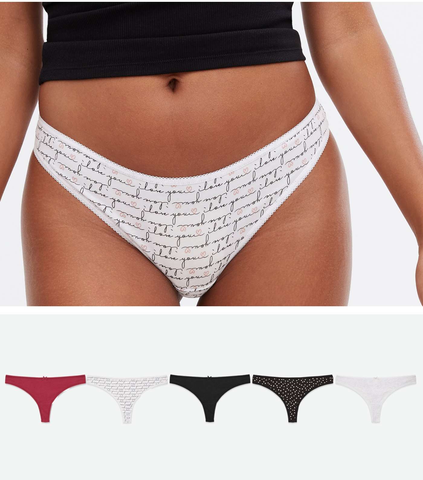5 Pack Red Grey White and Black Heart Logo Thongs