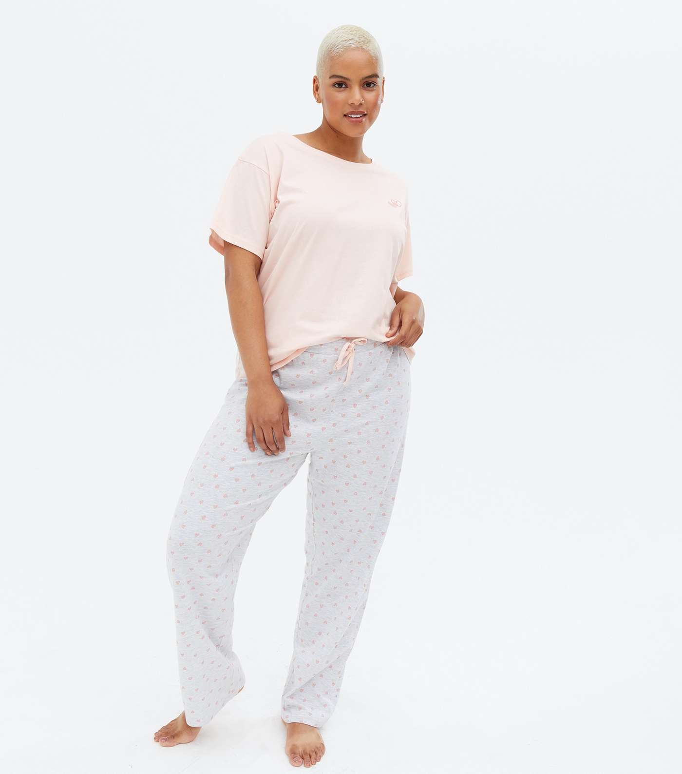 Curves Pale Pink Heart Trouser Pyjama Set