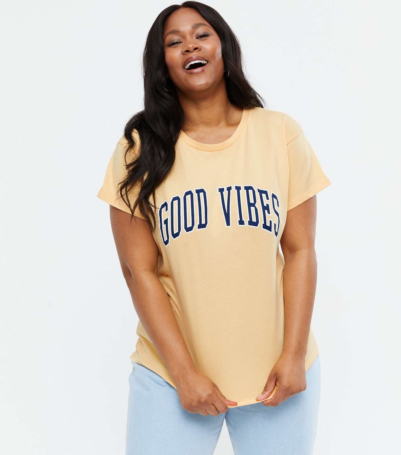 Curves Pale Yellow Good Vibes Varsity Logo Long T-Shirt