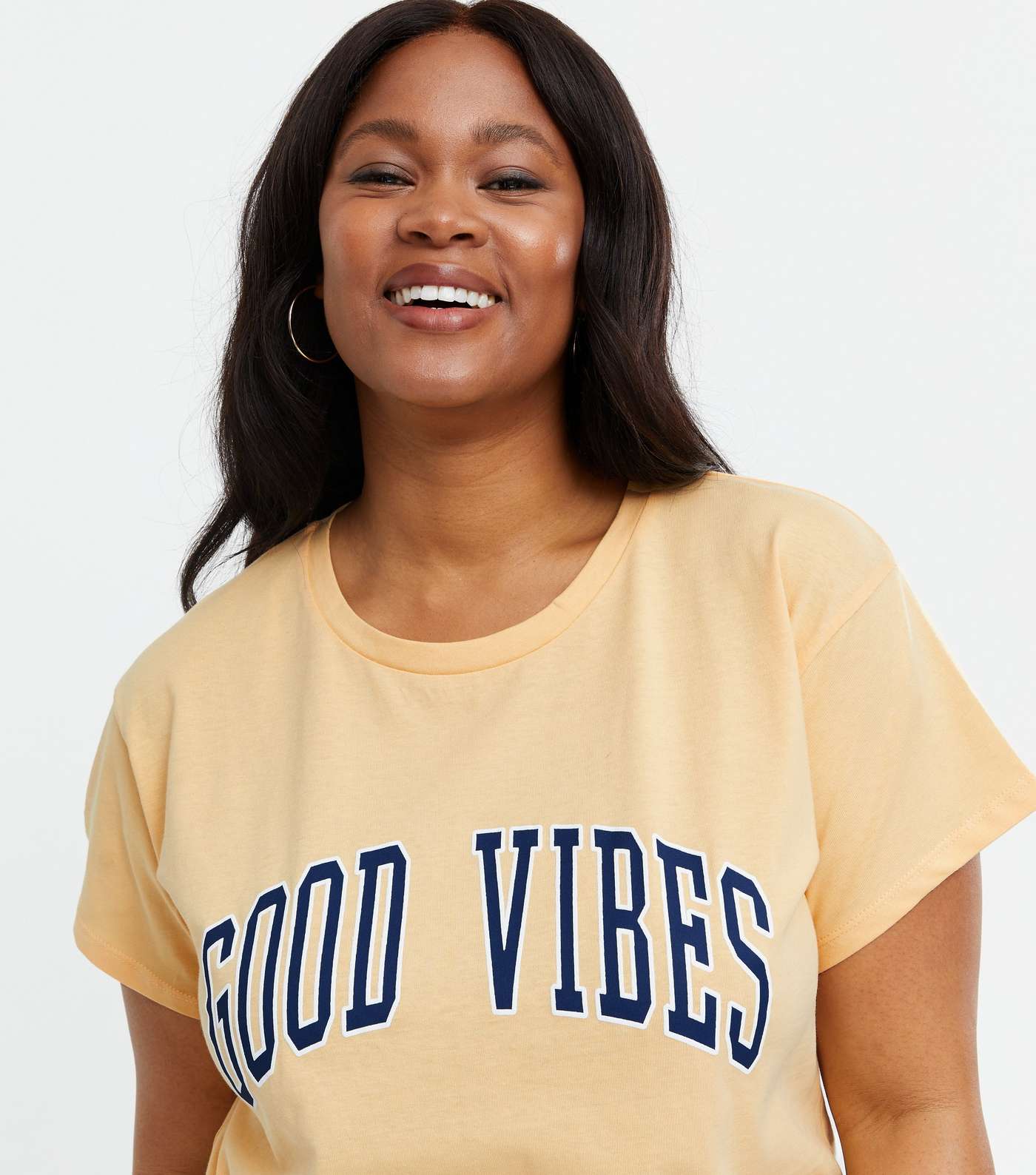 Curves Pale Yellow Good Vibes Varsity Logo Long T-Shirt Image 3