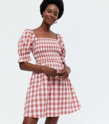 Red Gingham Shirred Mini Dress | New Look