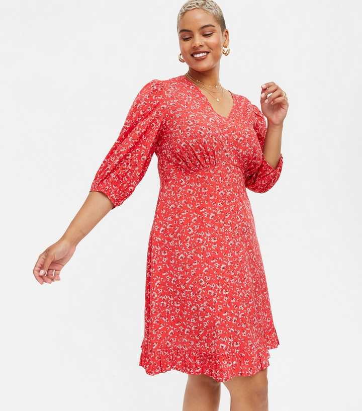 Curves Red Floral Empire Frill Hem Dress