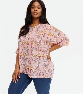 Blue Vanilla Curves Pink Floral Cold Shoulder Blouse | New Look