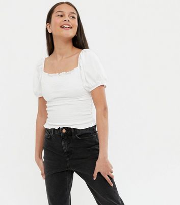 Girls White Shirred Puff Sleeve Top 