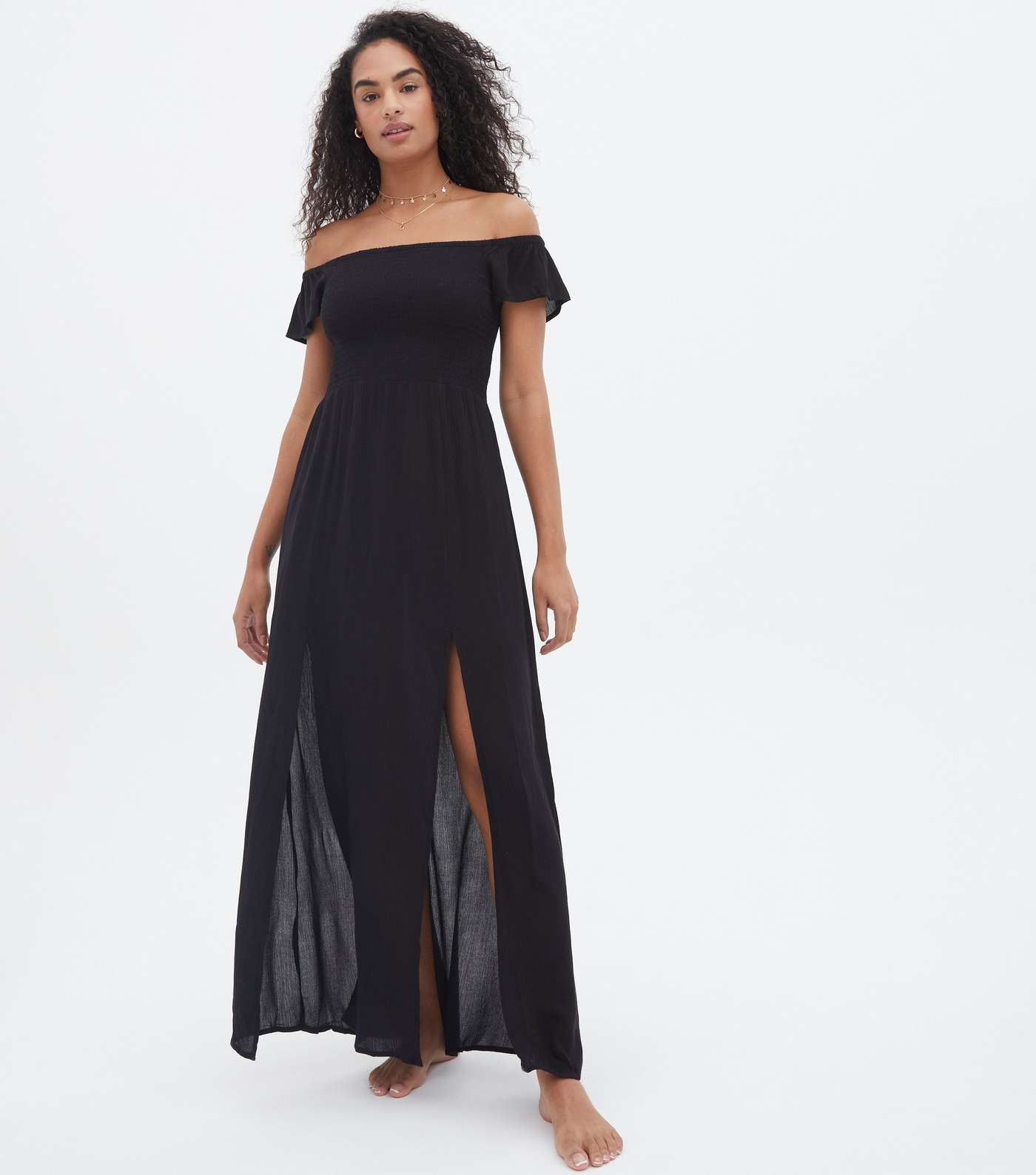Black Shirred Bardot Maxi Beach Dress