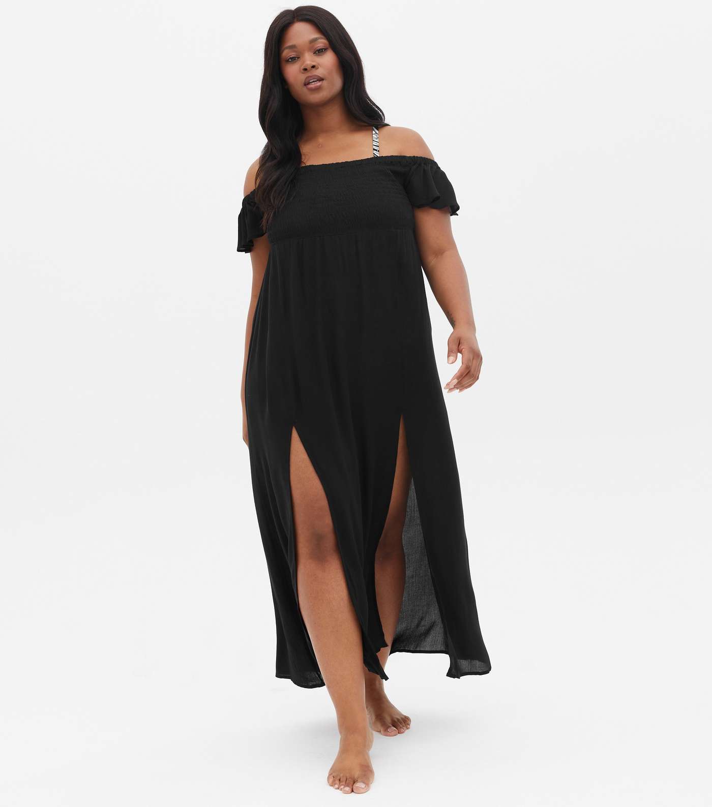 Curves Black Shirred Bardot Beach Dress