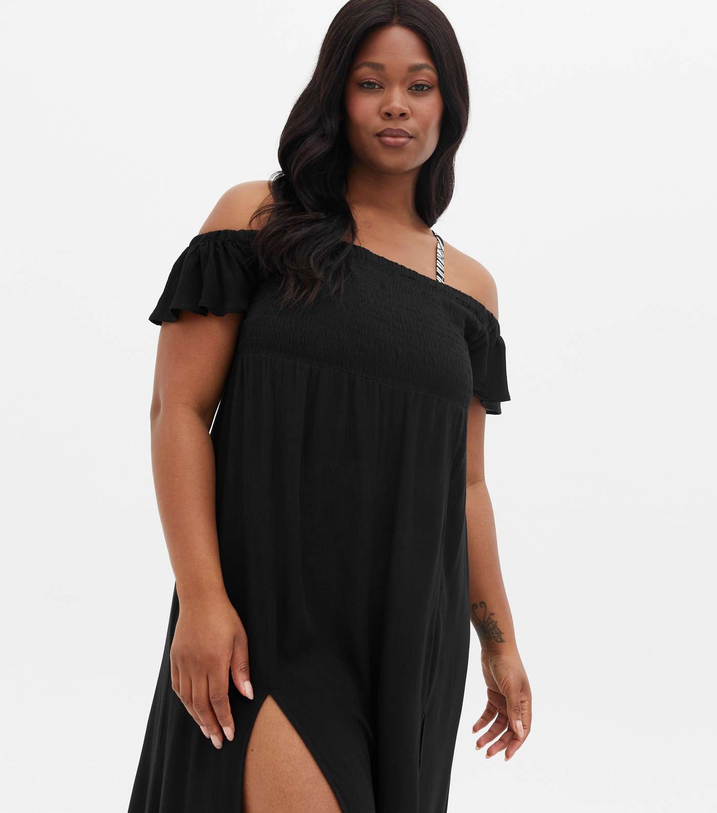 Curves Black Shirred Bardot Beach Dress Image 3