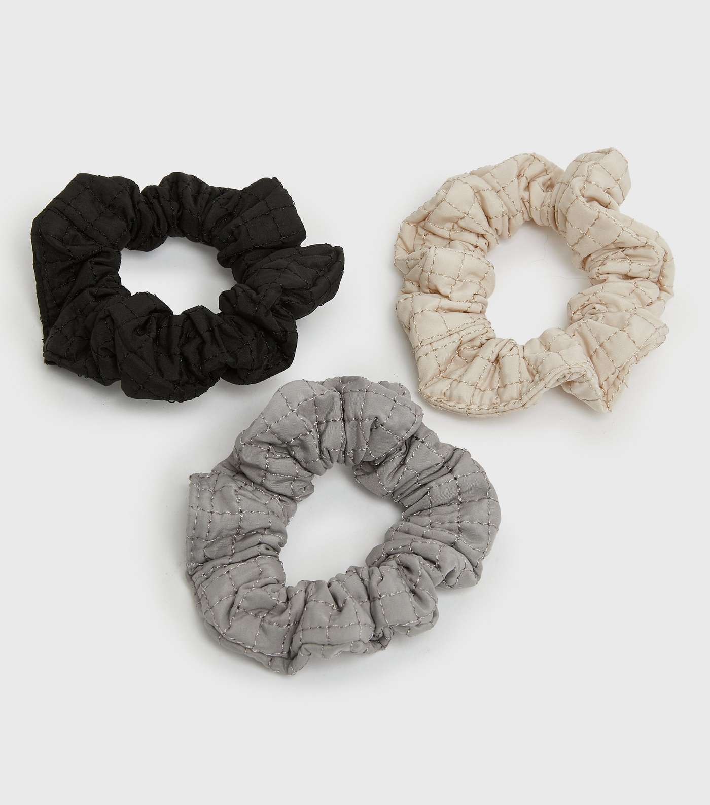 3 Pack Black Grey and Cream Quilted Scrunchies