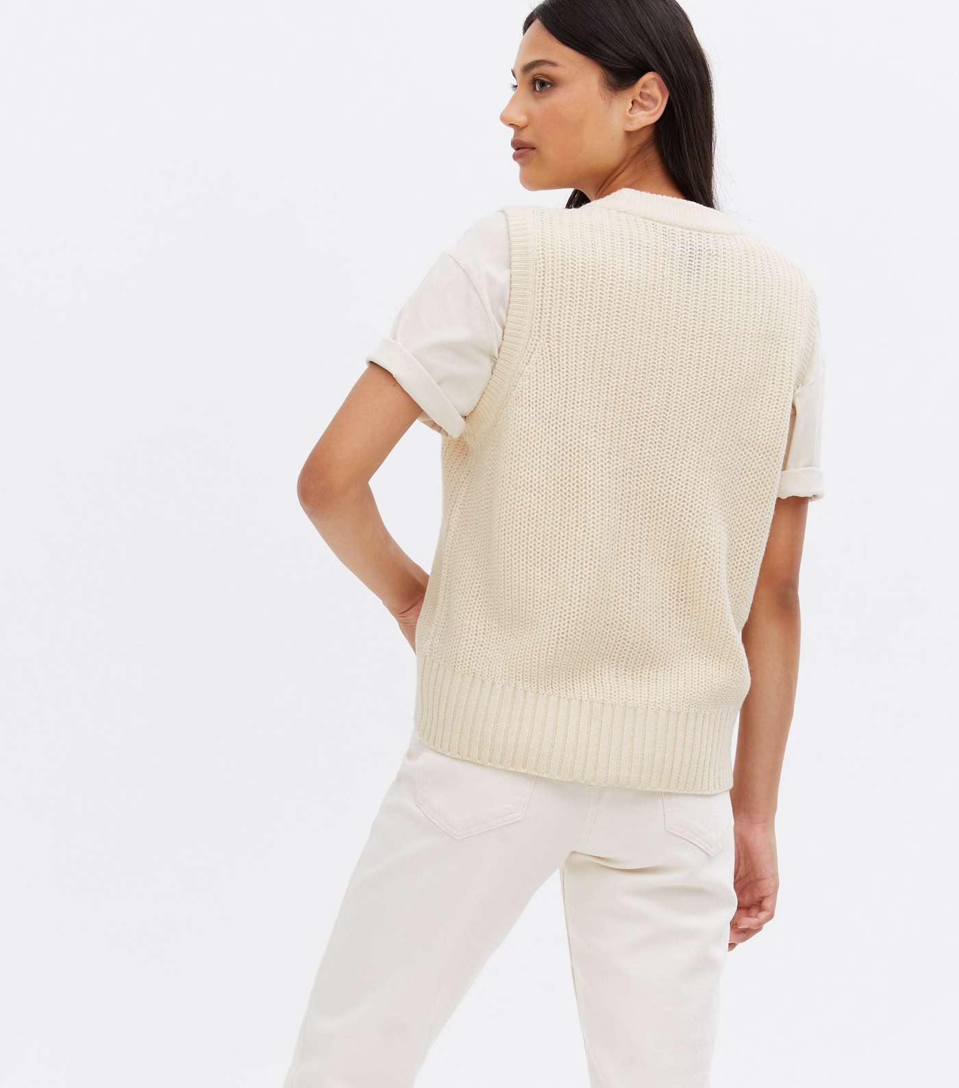 Off White Ribbed Knit Button Long Sleeveless Vest Image 4