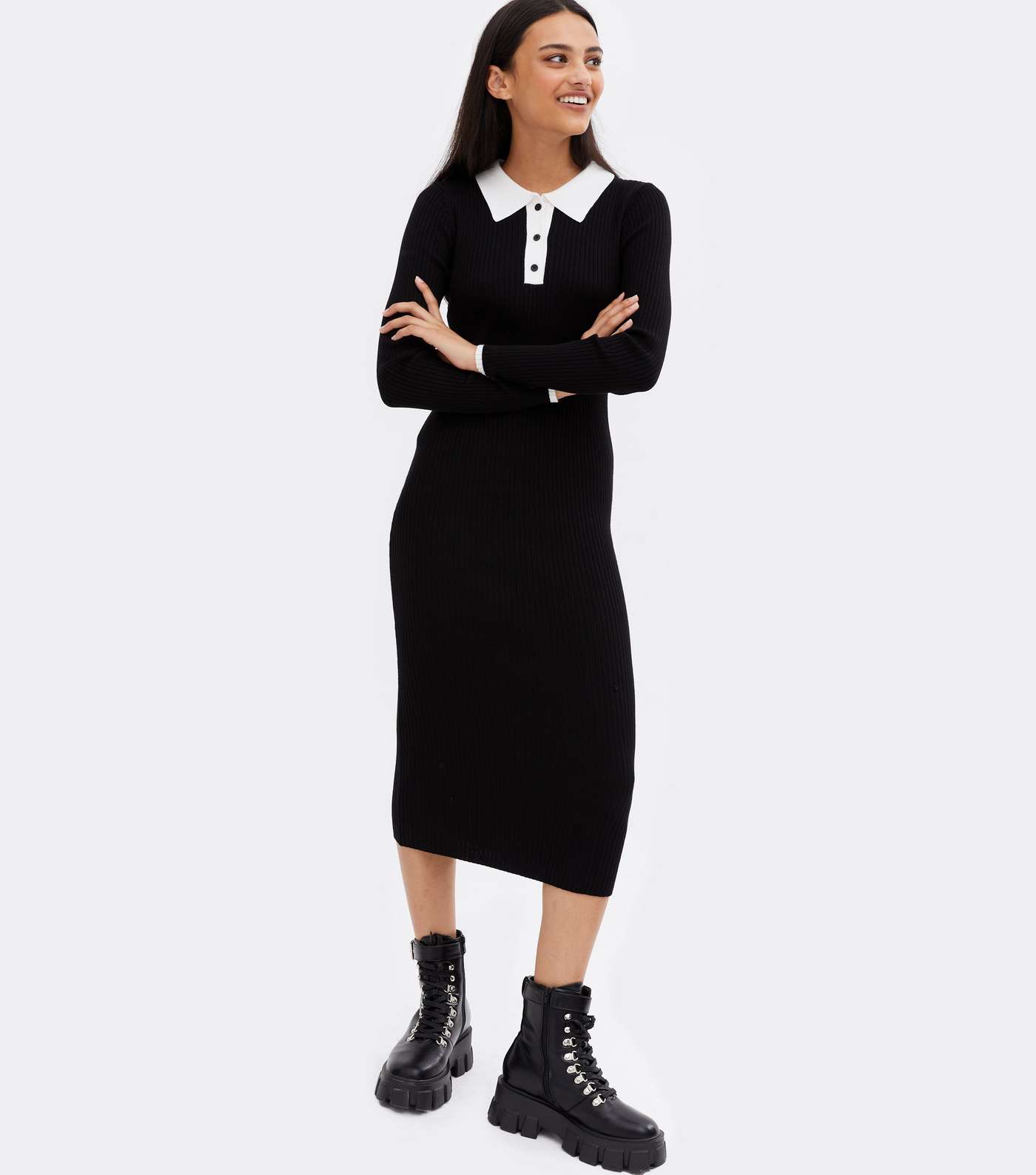 Black Ribbed Knit Contrast Polo Collar Midi Dress