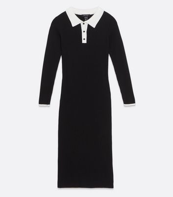 Black Ribbed Knit Contrast Polo Collar 